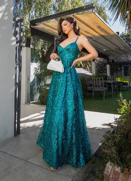 Vestido Largo Turquesa con Brillo y Textura
